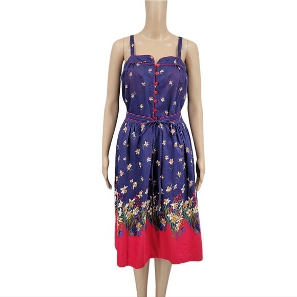 Vintage Sundress Belted Floral Blue Red Pin-Up Rockabilly Cotton 70s - Picture 1 of 14